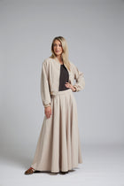 The NES Zadie Skirt by N-E-S – a full length ponte skirt with outward pleats, elastic back insert and clean modern fit. NZ made in Black or Latte.