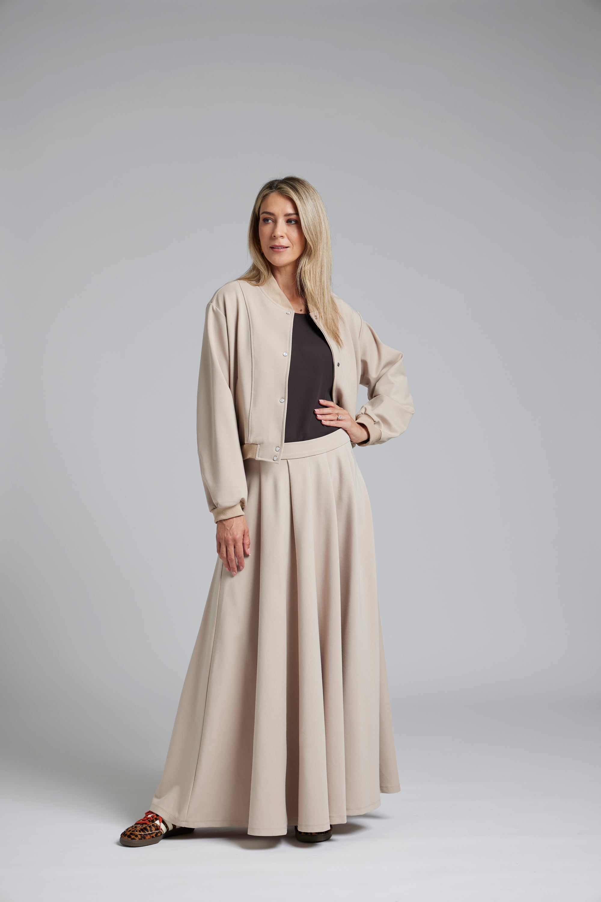 The NES Zadie Skirt by N-E-S – a full length ponte skirt with outward pleats, elastic back insert and clean modern fit. NZ made in Black or Latte.
