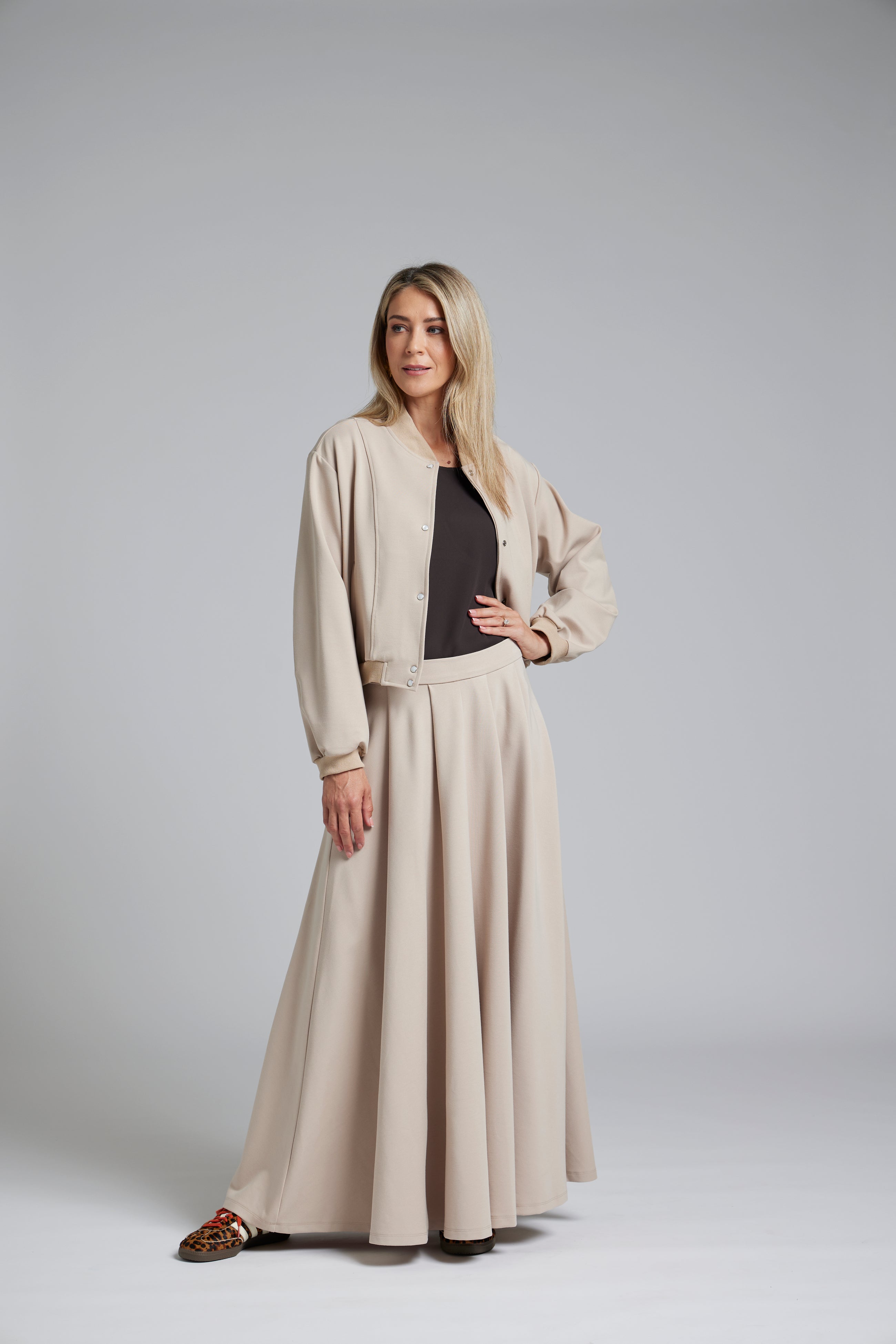 The NES Zadie Skirt by N-E-S – a full length ponte skirt with outward pleats, elastic back insert and clean modern fit. NZ made in Black or Latte.