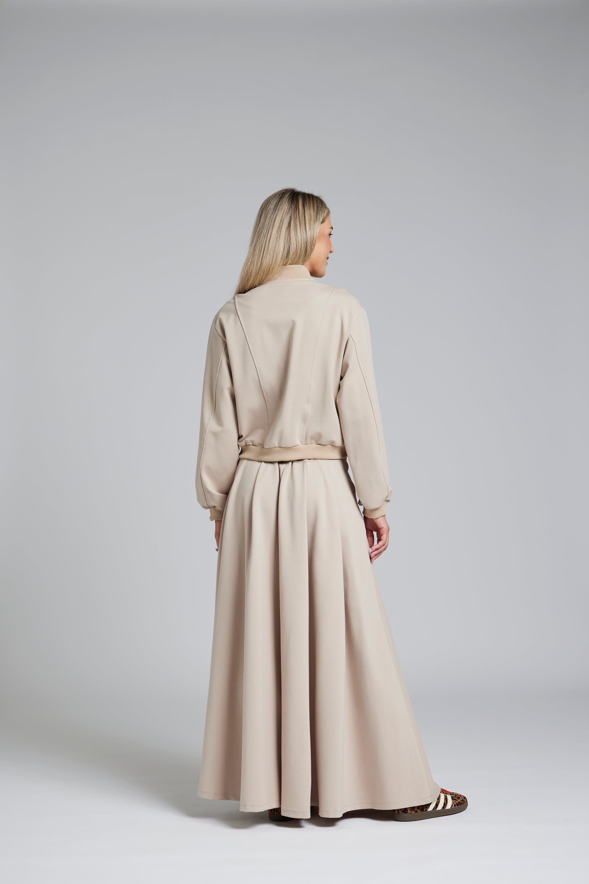 The NES Zadie Skirt by N-E-S – a full length ponte skirt with outward pleats, elastic back insert and clean modern fit. NZ made in Black or Latte.
