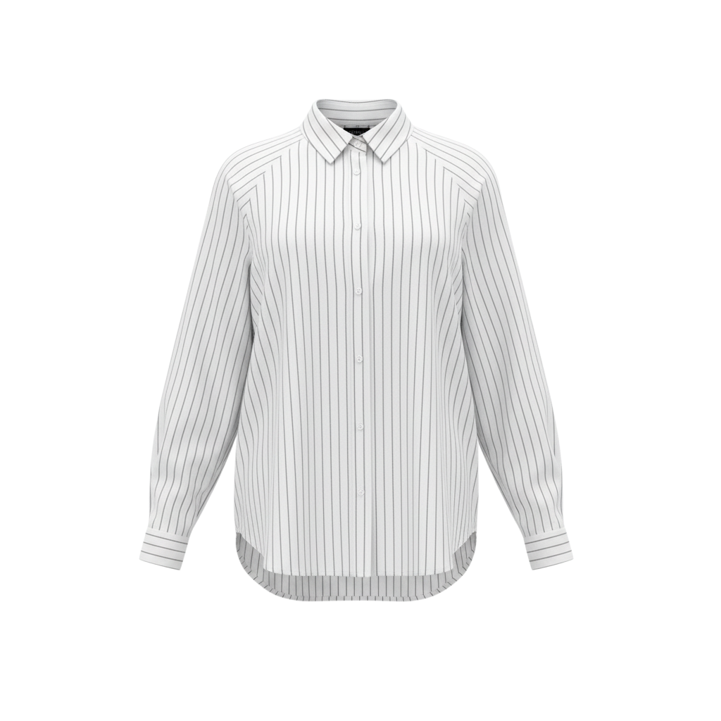 The NES Zola Shirt – an oversized cotton stripe shirt with kimono shape and drop-back detail. Lightweight, modern and NZ made.