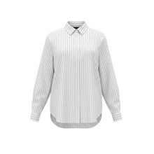 The NES Zola Shirt – an oversized cotton stripe shirt with kimono shape and drop-back detail. Lightweight, modern and NZ made.