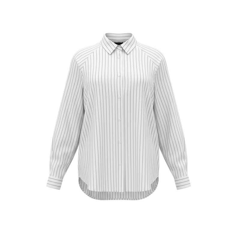 The NES Zola Shirt – an oversized cotton stripe shirt with kimono shape and drop-back detail. Lightweight, modern and NZ made.