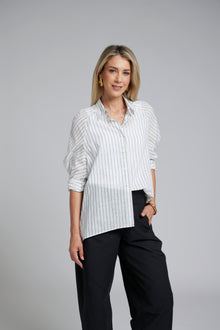 The NES Zola Shirt – an oversized cotton stripe shirt with kimono shape and drop-back detail. Lightweight, modern and NZ made.