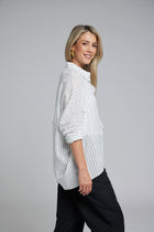 The NES Zola Shirt – an oversized cotton stripe shirt with kimono shape and drop-back detail. Lightweight, modern and NZ made.