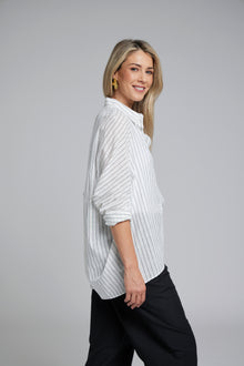 The NES Zola Shirt – an oversized cotton stripe shirt with kimono shape and drop-back detail. Lightweight, modern and NZ made.