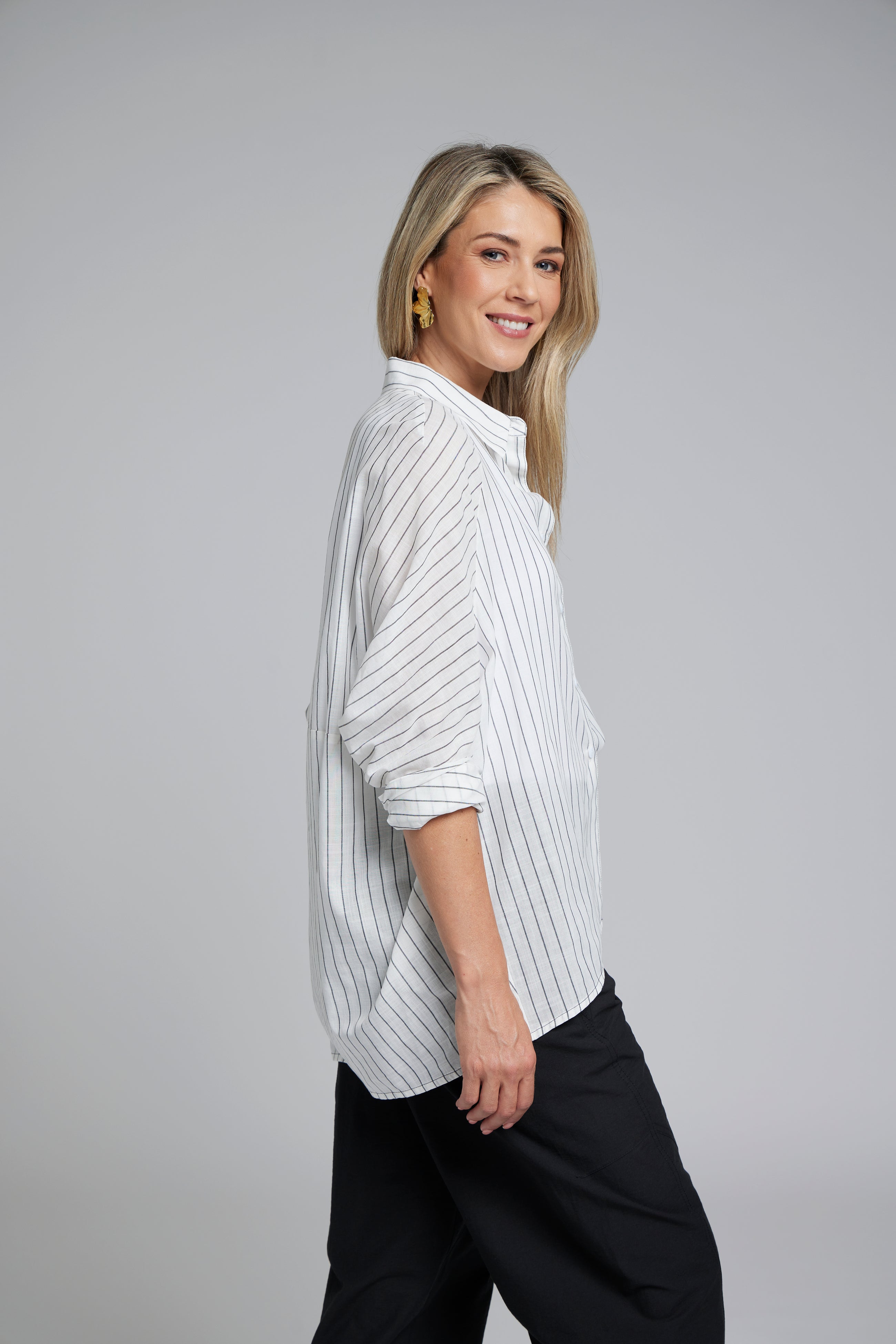 The NES Zola Shirt – an oversized cotton stripe shirt with kimono shape and drop-back detail. Lightweight, modern and NZ made.