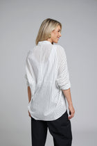 The NES Zola Shirt – an oversized cotton stripe shirt with kimono shape and drop-back detail. Lightweight, modern and NZ made.
