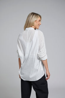 The NES Zola Shirt – an oversized cotton stripe shirt with kimono shape and drop-back detail. Lightweight, modern and NZ made.