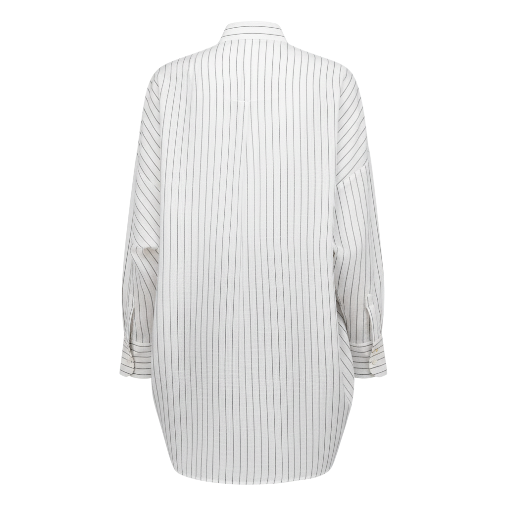 The NES Zola Shirt – an oversized cotton stripe shirt with kimono shape and drop-back detail. Lightweight, modern and NZ made.