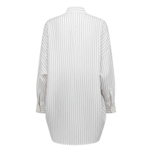 The NES Zola Shirt – an oversized cotton stripe shirt with kimono shape and drop-back detail. Lightweight, modern and NZ made.