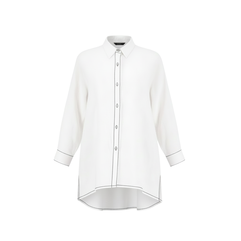 The NES Zola Linen Shirt – an oversized linen-cotton shirt with contrast stitching and drop-back detail. Lightweight and NZ made.