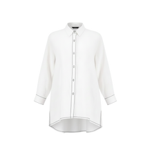 The NES Zola Linen Shirt – an oversized linen-cotton shirt with contrast stitching and drop-back detail. Lightweight and NZ made.