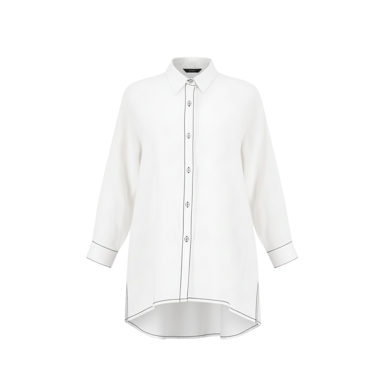 The NES Zola Linen Shirt – an oversized linen-cotton shirt with contrast stitching and drop-back detail. Lightweight and NZ made.