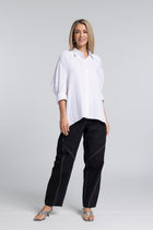 The NES Zola Linen Shirt – an oversized linen-cotton shirt with contrast stitching and drop-back detail. Lightweight and NZ made.
