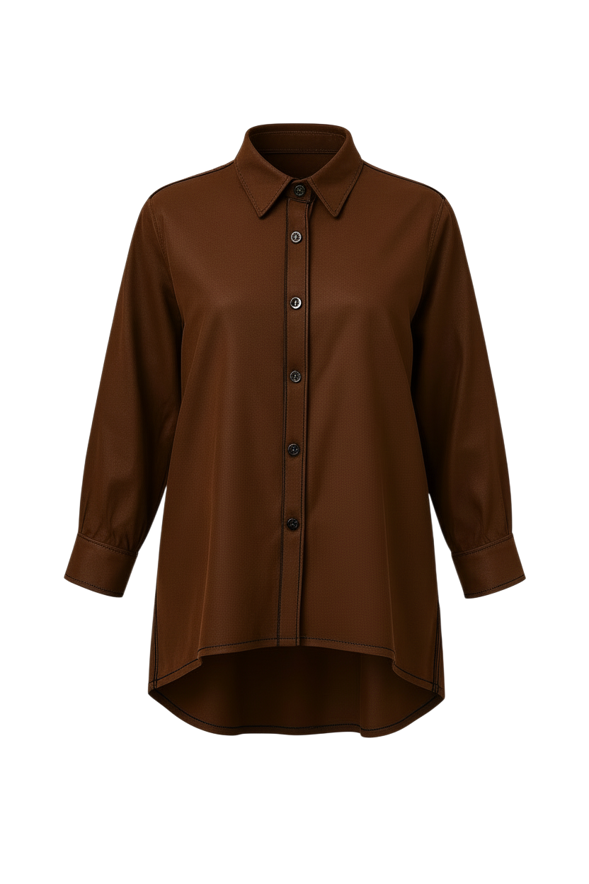 The NES Zola Linen Shirt – an oversized linen-cotton shirt with contrast stitching and drop-back detail. Lightweight and NZ made.