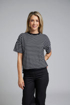 The NES Lee Tee Stripe – a relaxed striped tee with soft stretch, boxy fit and high-low hem. Easy, versatile and NZ made.