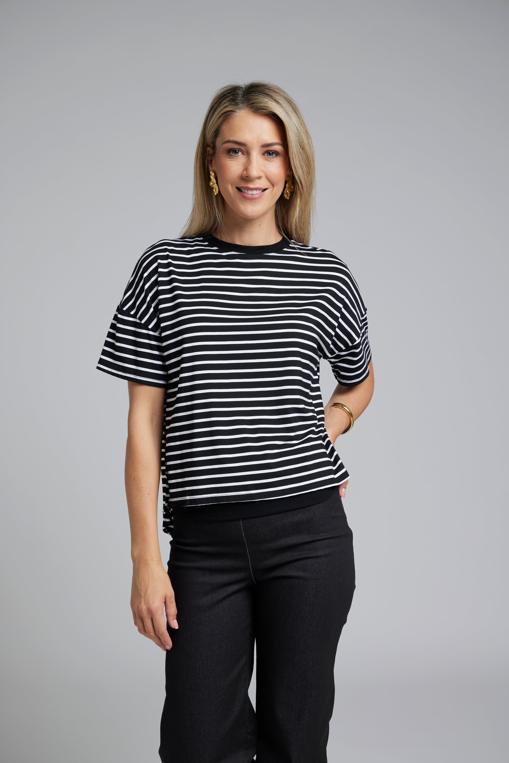 The NES Lee Tee Stripe – a relaxed striped tee with soft stretch, boxy fit and high-low hem. Easy, versatile and NZ made.