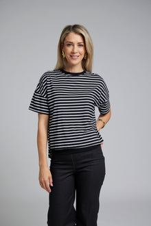 The NES Lee Tee Stripe – a relaxed striped tee with soft stretch, boxy fit and high-low hem. Easy, versatile and NZ made.