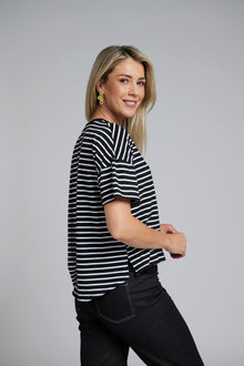 The NES Lee Tee Stripe – a relaxed striped tee with soft stretch, boxy fit and high-low hem. Easy, versatile and NZ made.