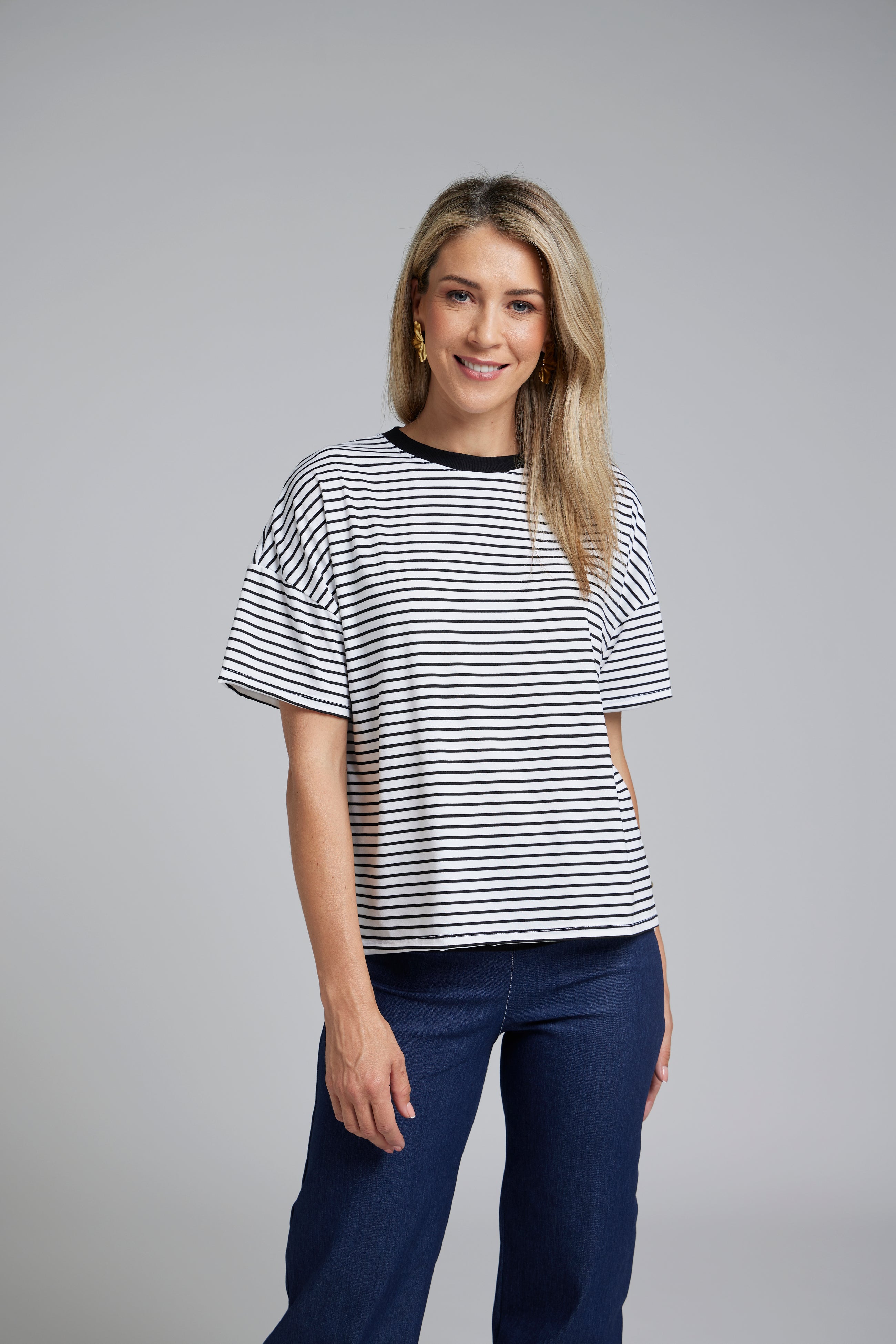 The NES Lee Tee Stripe – a relaxed striped tee with soft stretch, boxy fit and high-low hem. Easy, versatile and NZ made.