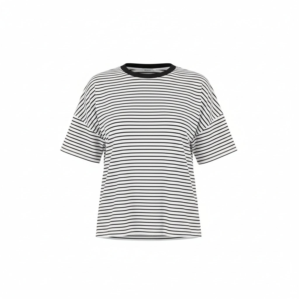 The NES Lee Tee Stripe – a relaxed striped tee with soft stretch, boxy fit and high-low hem. Easy, versatile and NZ made.