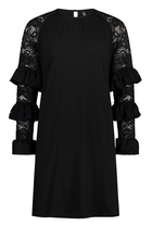 NES Luxa Dress by N-E-S – a black merino dress with sculptural ruffled lace sleeves, subtle gathers and above-knee length. Bold, modern and NZ made.