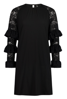 NES Luxa Dress by N-E-S – a black merino dress with sculptural ruffled lace sleeves, subtle gathers and above-knee length. Bold, modern and NZ made.