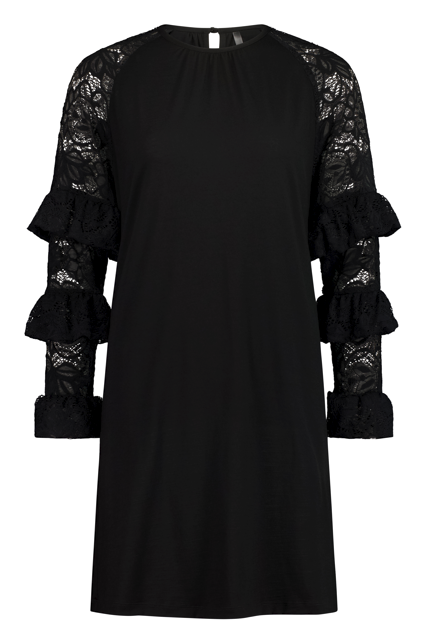 NES Luxa Dress by N-E-S – a black merino dress with sculptural ruffled lace sleeves, subtle gathers and above-knee length. Bold, modern and NZ made.