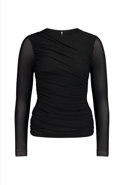 The NES Rumour Top by N-E-S – a sheer long-sleeve mesh top with front rouching and double-layered front. Sculpted, modern and NZ made.