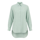 The NES Zola Shirt – an oversized seersucker shirt with kimono shape and drop-back detail. Lightweight, modern and NZ made.