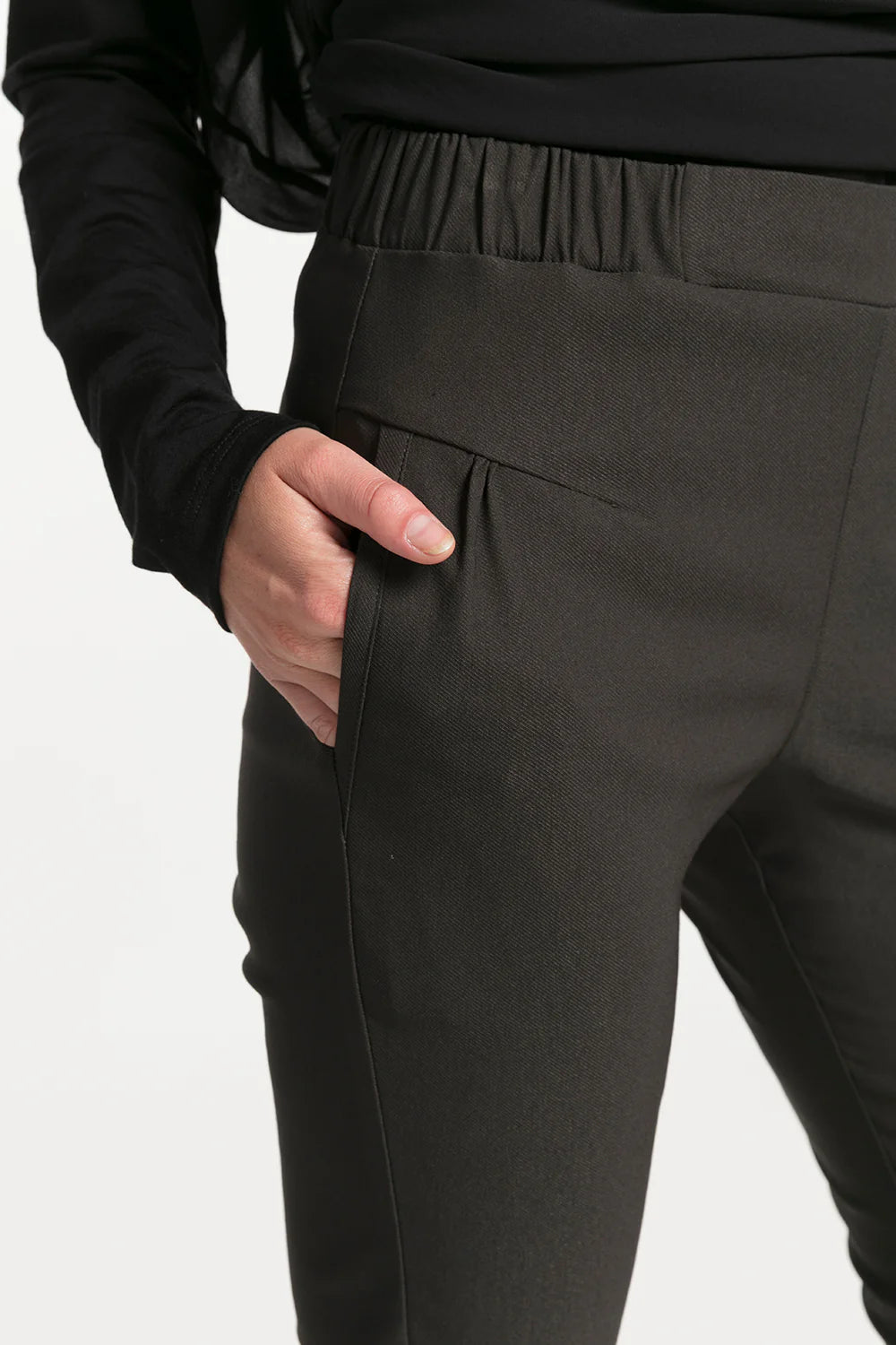 The NES Dartsta Pants by N-E-S – softly tapered pants with dart detailing, flat front and elastic back waist. Comfortable, timeless and NZ made.