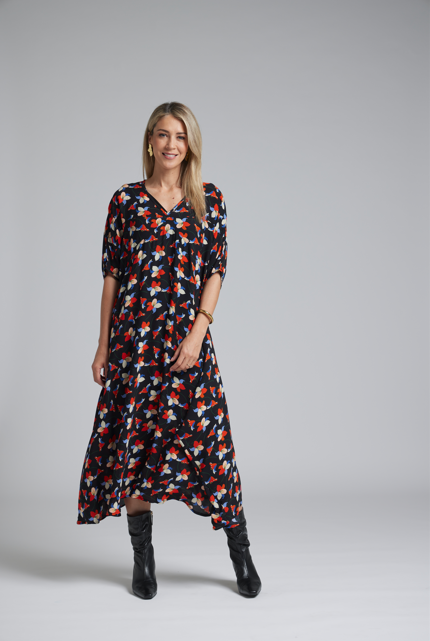 The NES Remi Dress by N-E-S – a floaty chiffon maxi with kimono sleeves, V neckline and soft movement. Designed to layer over a N-E-S Lattice Slip. Made in NZ.