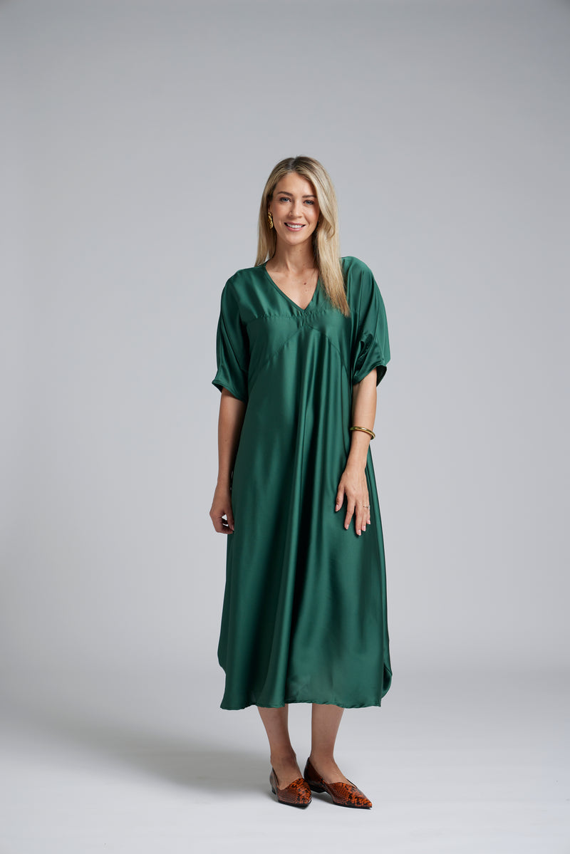 The NES Remi Satin Dress by N-E-S. A floaty chiffon maxi with kimono sleeves, V neckline and soft movement. Made in NZ.