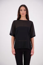 The Nes Zoe Top is a semi-sheer, stylish floaty relaxed t-shirt style top perfect for the warmer seasons. Wear The Zoe Top alone, or layer over dresses, or over your favourite bottoms.

Features: Curved front neckline and V back neck (can be reversed), even hem line, side splits

Composition: Poly Chiffon