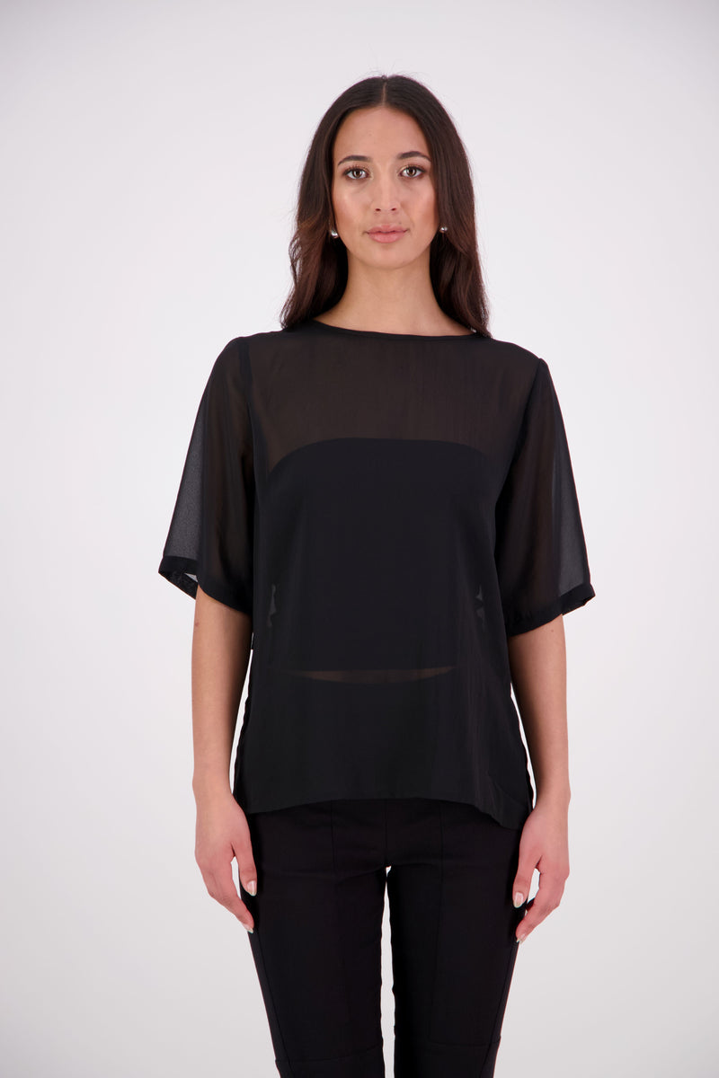 The Nes Zoe Top is a semi-sheer, stylish floaty relaxed t-shirt style top perfect for the warmer seasons. Wear The Zoe Top alone, or layer over dresses, or over your favourite bottoms.

Features: Curved front neckline and V back neck (can be reversed), even hem line, side splits

Composition: Poly Chiffon