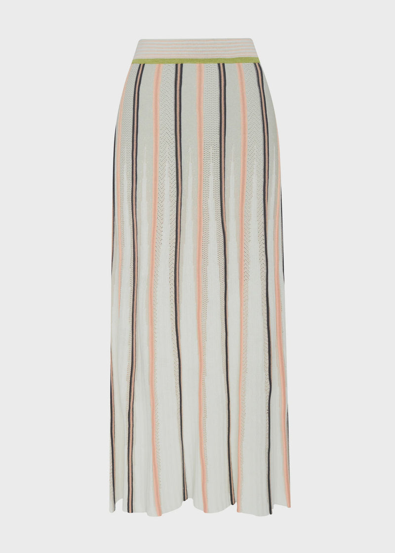  POL - TEDD KNIT SKIRT
The Tedd Knit Skirt combines our signature knitted pleat detailing with pointelle stitch, and a stunning intarsia pattern in three key colourways.
-Striped elasticised waistband - pull on style.-Half lining.-Spiked intarsia detailing from the hem up.-Vertical two tone stripe detailing separates pointelle stitch and jersey intarsia knit panels to create a multi-textured look you won't find anywhere else.-Midi length, a-line 