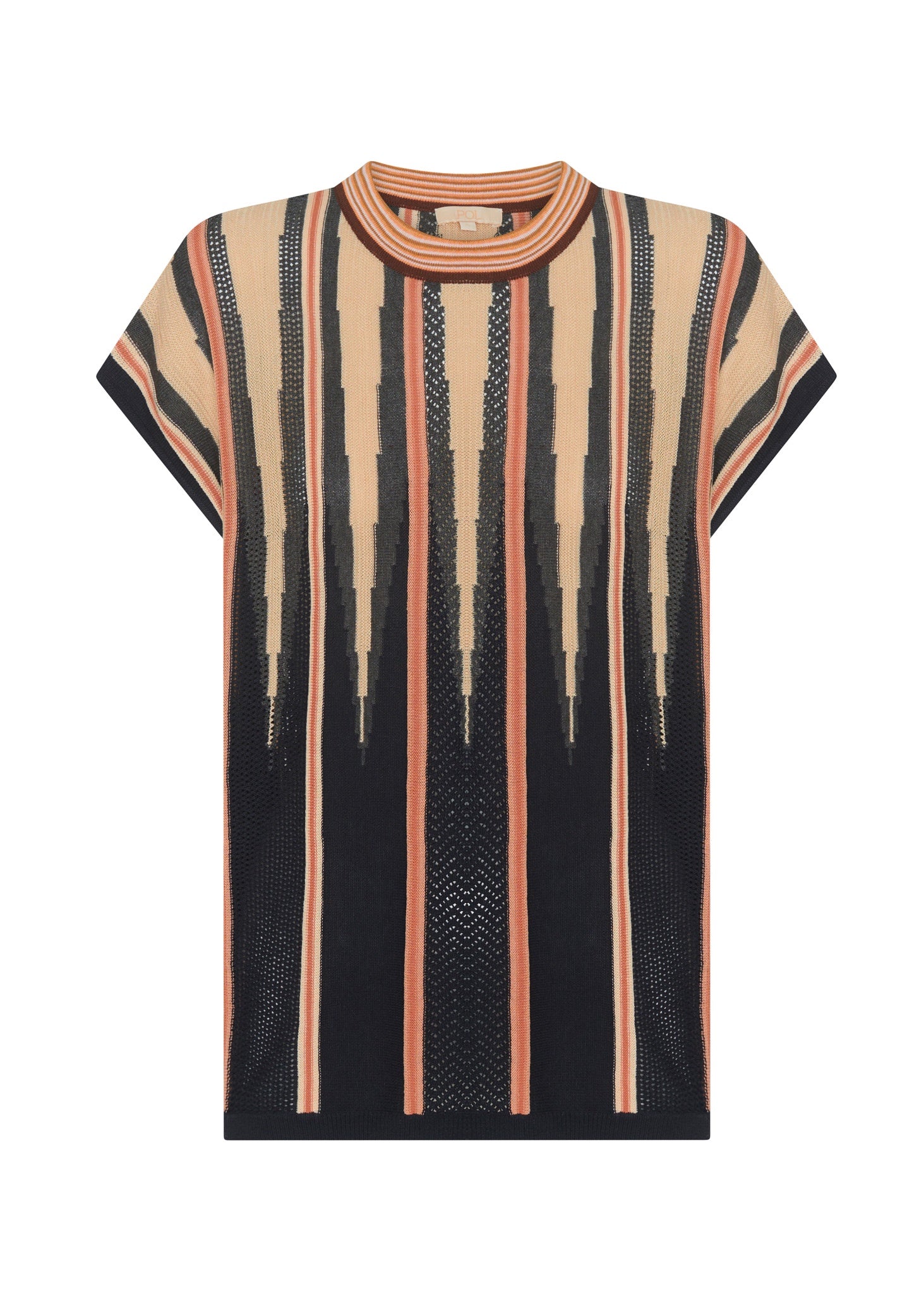 POL - TEDD KNIT TEE
The Tedd Knit Tee is elevated yet comfortable, in a soft viscose blend yarn.-Round neckline with fine stripe detailing.-Dropped armholes create a cap style sleeve.-Vertical spiked intarsia detailing from neckline.-Two tone stripe detailing separates pointelle stitch and jersey intarsia knit panels to create a multi-textured look you won't find anywhere else.-Regular fit through the body.-Style with the matching Tedd Knit Skirt.