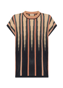 POL - TEDD KNIT TEE
The Tedd Knit Tee is elevated yet comfortable, in a soft viscose blend yarn.-Round neckline with fine stripe detailing.-Dropped armholes create a cap style sleeve.-Vertical spiked intarsia detailing from neckline.-Two tone stripe detailing separates pointelle stitch and jersey intarsia knit panels to create a multi-textured look you won't find anywhere else.-Regular fit through the body.-Style with the matching Tedd Knit Skirt.