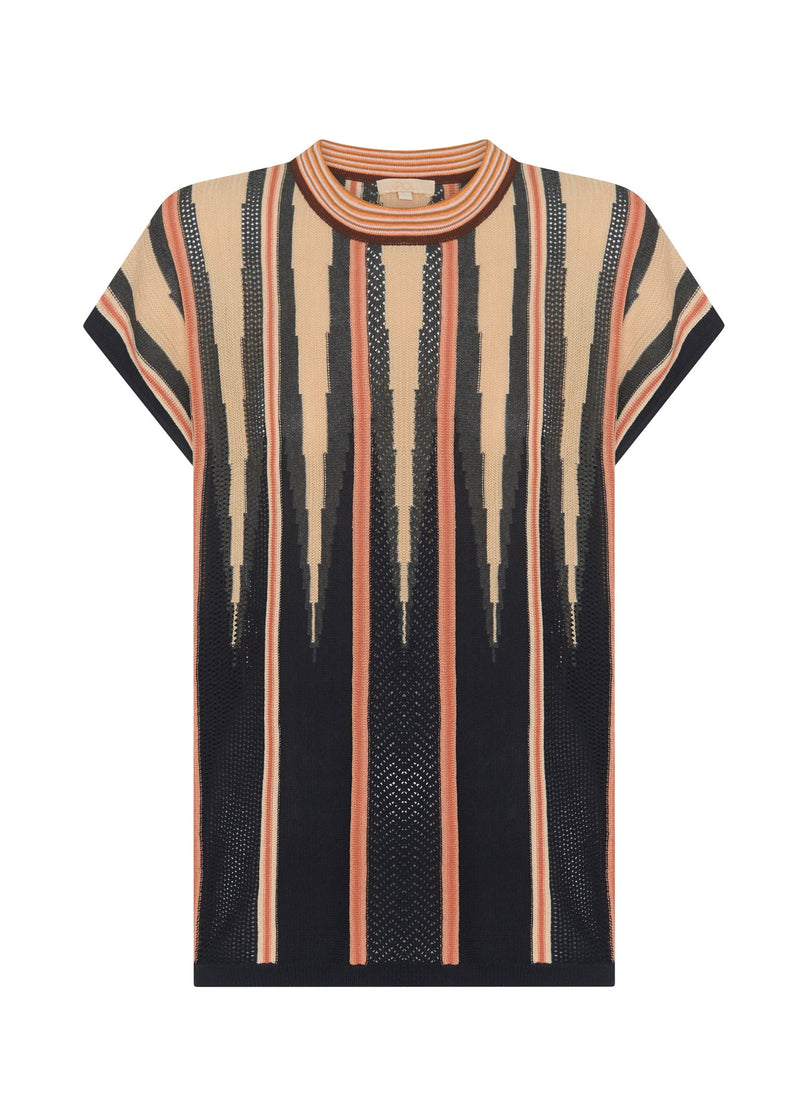 POL - TEDD KNIT TEE
The Tedd Knit Tee is elevated yet comfortable, in a soft viscose blend yarn.-Round neckline with fine stripe detailing.-Dropped armholes create a cap style sleeve.-Vertical spiked intarsia detailing from neckline.-Two tone stripe detailing separates pointelle stitch and jersey intarsia knit panels to create a multi-textured look you won't find anywhere else.-Regular fit through the body.-Style with the matching Tedd Knit Skirt.
