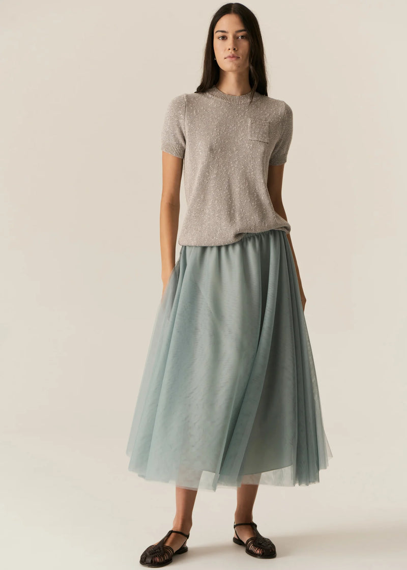 Our favourite knit tee gets a shiny new makeover! The POL Pax Lurex Tee features a &nbsp;natural textured stitch with a touch of metallic in two colour ways.
-Round ribbed neckline.
-Natural slub texture.
-Single pocket.
-Regular fit.
-Short sleeves with ribbed cuff.
-Ribbed hem.