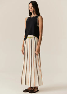  POL - TEDD KNIT SKIRT
The Tedd Knit Skirt combines our signature knitted pleat detailing with pointelle stitch, and a stunning intarsia pattern in three key colourways.
-Striped elasticised waistband - pull on style.-Half lining.-Spiked intarsia detailing from the hem up.-Vertical two tone stripe detailing separates pointelle stitch and jersey intarsia knit panels to create a multi-textured look you won't find anywhere else.-Midi length, a-line 
