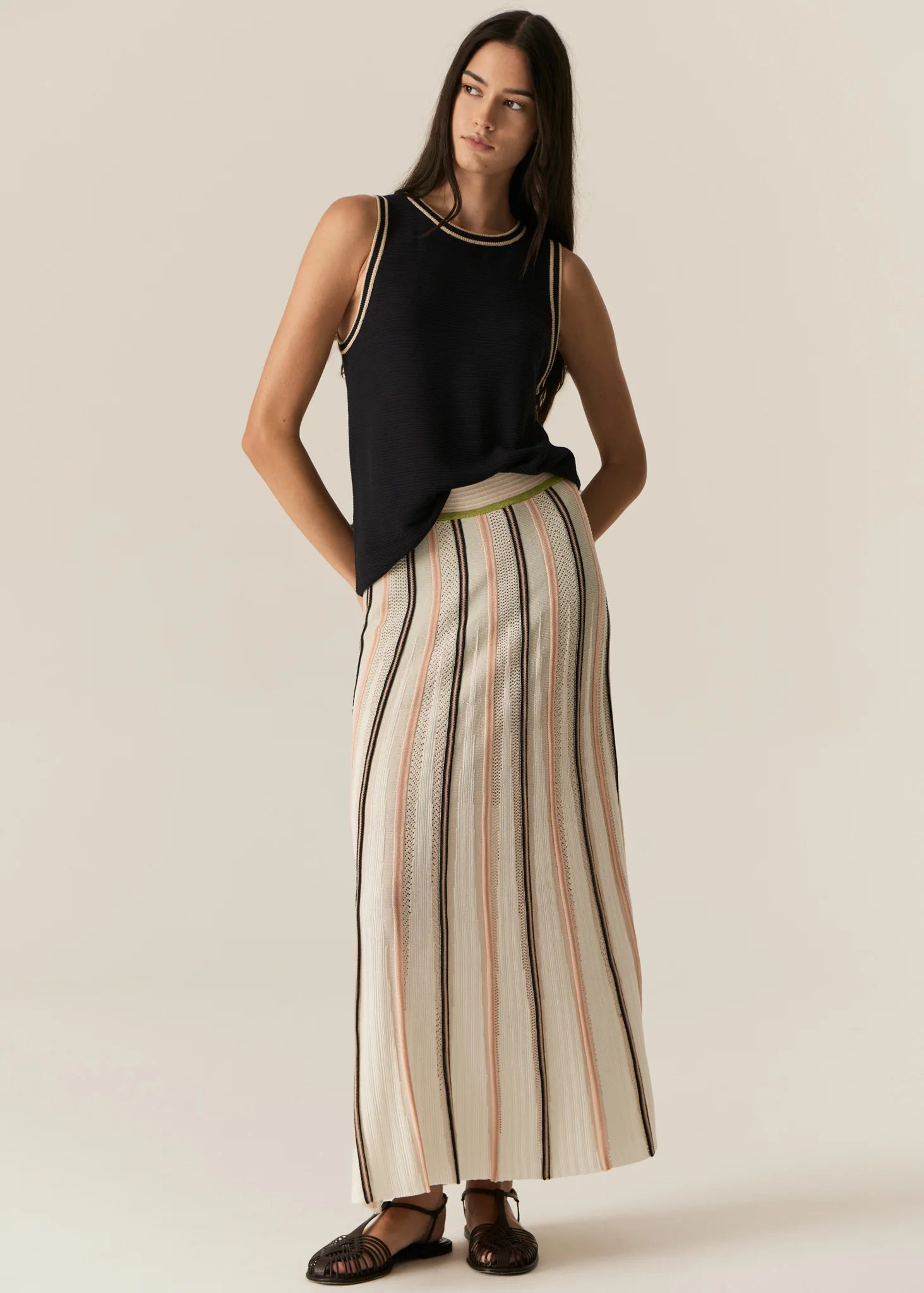  POL - TEDD KNIT SKIRT
The Tedd Knit Skirt combines our signature knitted pleat detailing with pointelle stitch, and a stunning intarsia pattern in three key colourways.
-Striped elasticised waistband - pull on style.-Half lining.-Spiked intarsia detailing from the hem up.-Vertical two tone stripe detailing separates pointelle stitch and jersey intarsia knit panels to create a multi-textured look you won't find anywhere else.-Midi length, a-line 