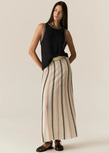  POL - TEDD KNIT SKIRT
The Tedd Knit Skirt combines our signature knitted pleat detailing with pointelle stitch, and a stunning intarsia pattern in three key colourways.
-Striped elasticised waistband - pull on style.-Half lining.-Spiked intarsia detailing from the hem up.-Vertical two tone stripe detailing separates pointelle stitch and jersey intarsia knit panels to create a multi-textured look you won't find anywhere else.-Midi length, a-line 