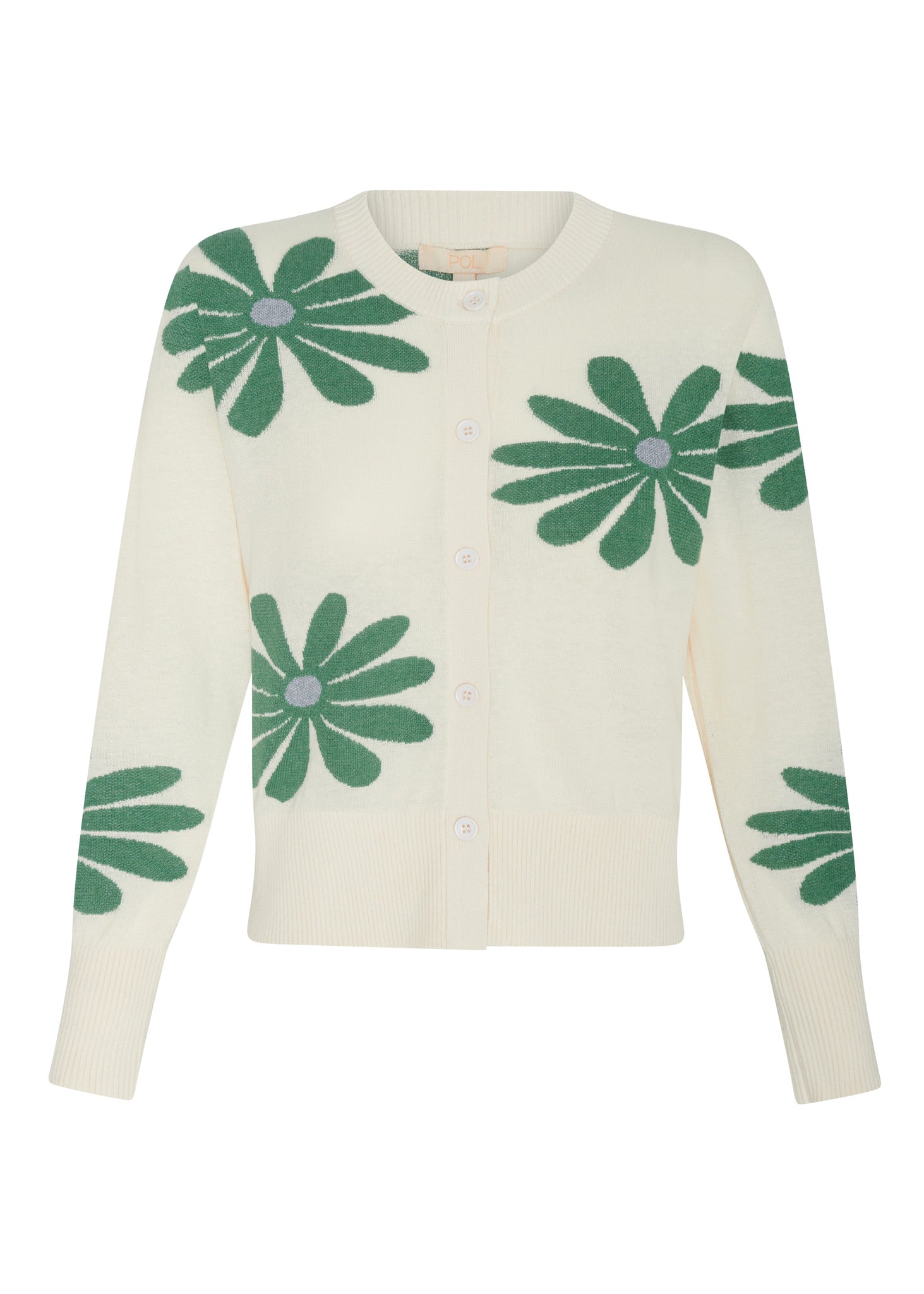 POL | LASK DAISY CARDI
-Round, ribbed neckline.
-Matching button closure through the centre front.
-Soft lightweight cotton yarn - perfect for layering in Spring.
-Intarsia Daisy detail - petals in cotton, centre in lurex yarn.
-Full length sleeves - deep ribbed cuffs.
-Regular fit through the body.
-Deep ribbed hem.
-Marisa is 179cm tall and a size 8, wearing a size S in all colours.
-Approximate length in cm by size: XS/52cm, S/53cm, M/54cm, L/55cm, XL/56cm.
-97% Cotton / 3% Metallic.