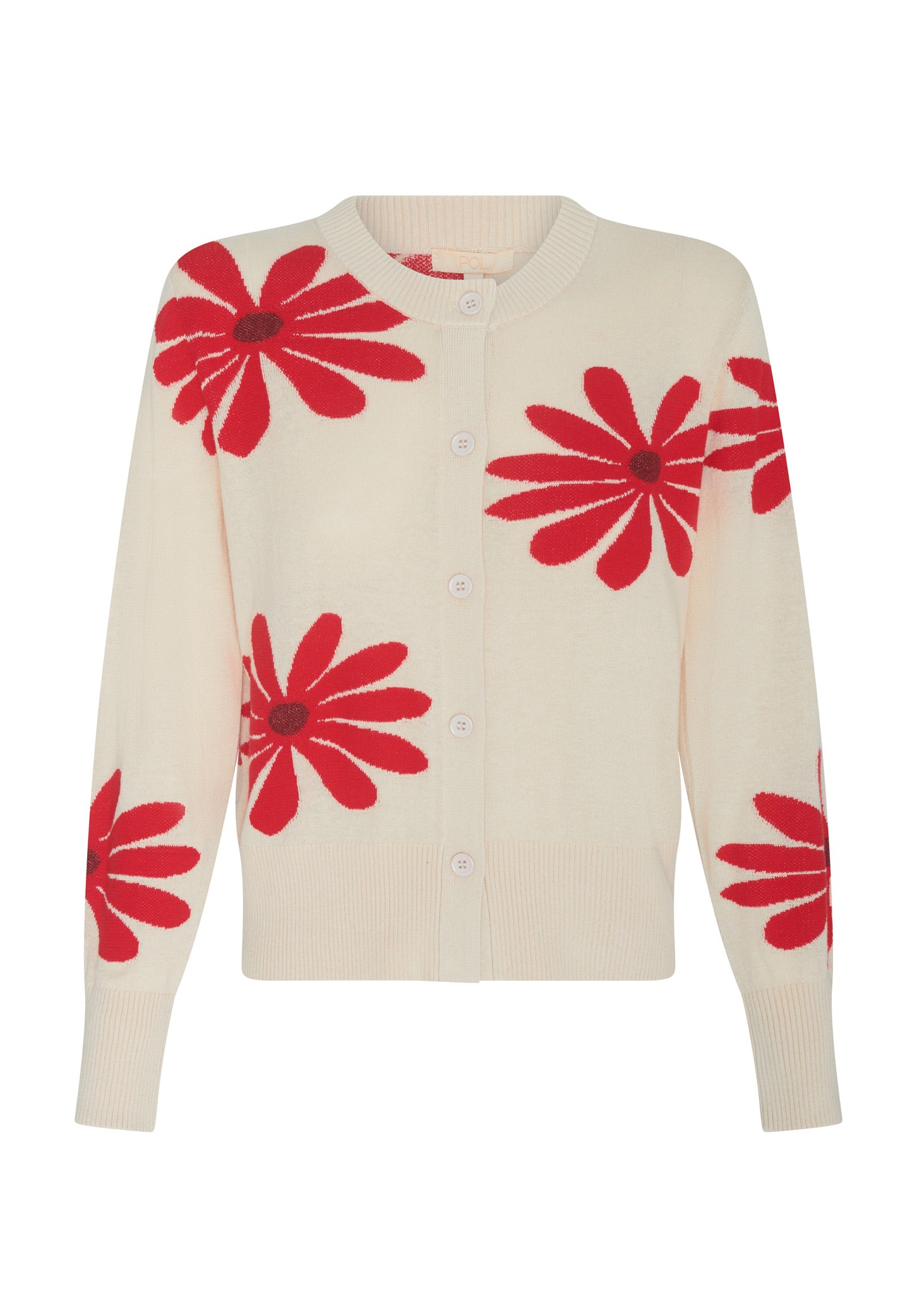 POL | LASK DAISY CARDI
-Round, ribbed neckline.
-Matching button closure through the centre front.
-Soft lightweight cotton yarn - perfect for layering in Spring.
-Intarsia Daisy detail - petals in cotton, centre in lurex yarn.
-Full length sleeves - deep ribbed cuffs.
-Regular fit through the body.
-Deep ribbed hem.
-Marisa is 179cm tall and a size 8, wearing a size S in all colours.
-Approximate length in cm by size: XS/52cm, S/53cm, M/54cm, L/55cm, XL/56cm.
-97% Cotton / 3% Metallic.