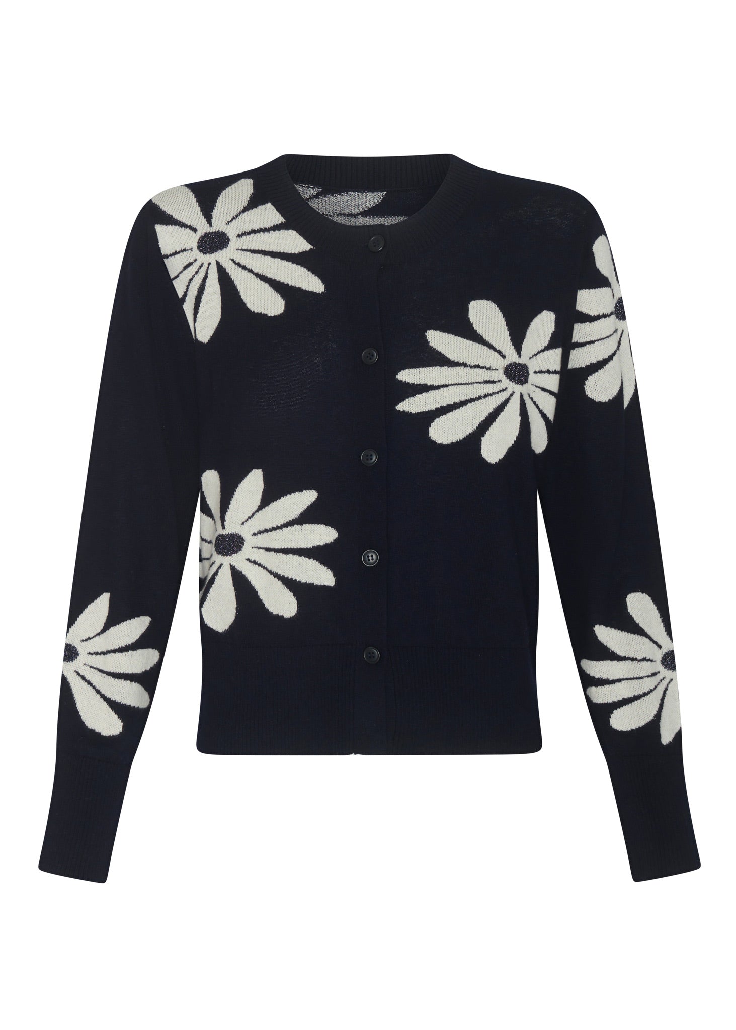 POL | LASK DAISY CARDI
-Round, ribbed neckline.
-Matching button closure through the centre front.
-Soft lightweight cotton yarn - perfect for layering in Spring.
-Intarsia Daisy detail - petals in cotton, centre in lurex yarn.
-Full length sleeves - deep ribbed cuffs.
-Regular fit through the body.
-Deep ribbed hem.
-Marisa is 179cm tall and a size 8, wearing a size S in all colours.
-Approximate length in cm by size: XS/52cm, S/53cm, M/54cm, L/55cm, XL/56cm.
-97% Cotton / 3% Metallic.