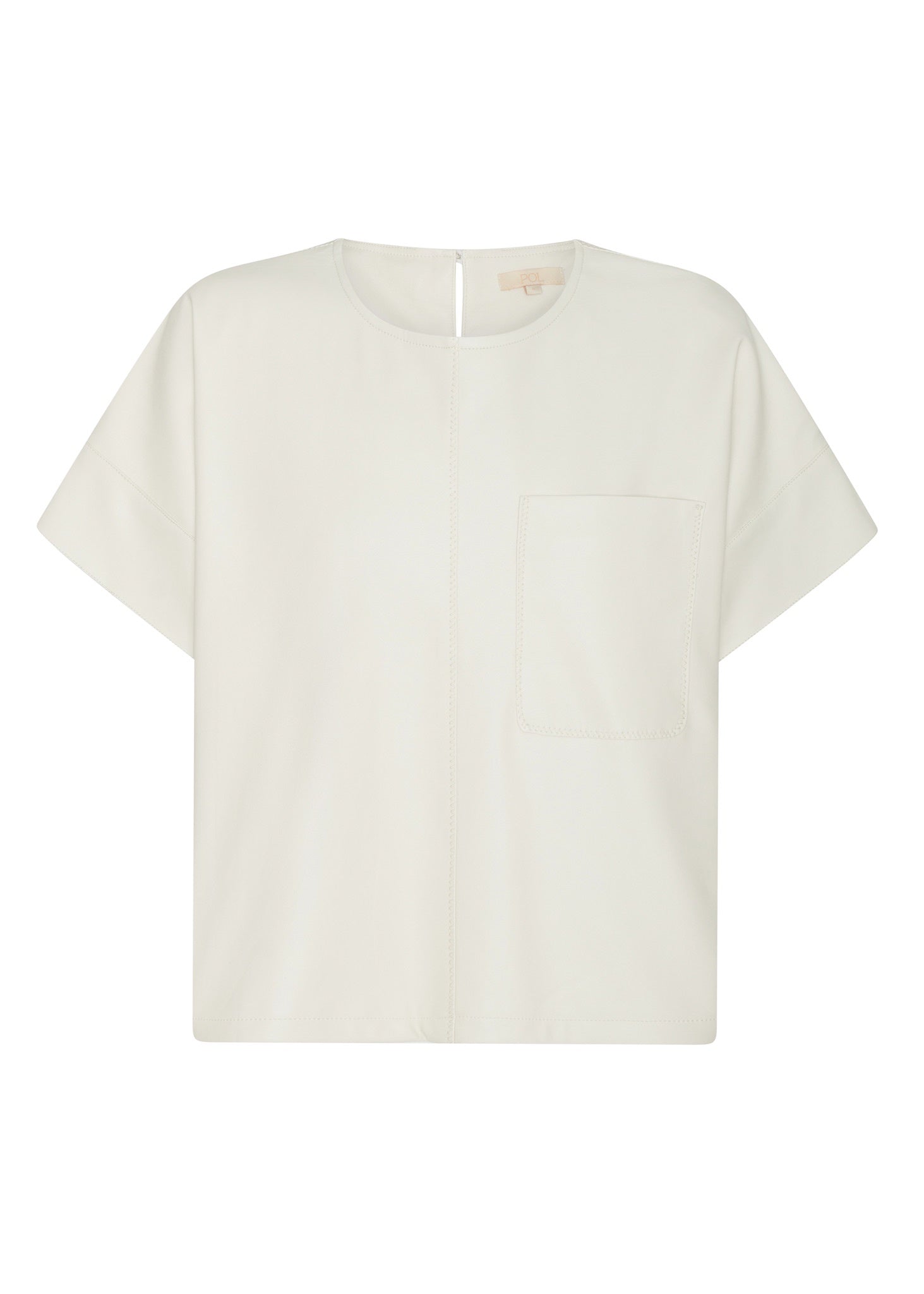 Featuring a soft faux leather in a fresh Ecru shade, the POL Belmond Top has a boxy, t-shirt inspired silhouette.

-Round neckline.
-Covered button fastening at the back neck.
-Dropped armholes.
-Short sleeves finish in a cuff with covered button fastening.