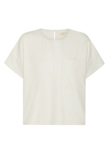 Featuring a soft faux leather in a fresh Ecru shade, the POL Belmond Top has a boxy, t-shirt inspired silhouette.

-Round neckline.
-Covered button fastening at the back neck.
-Dropped armholes.
-Short sleeves finish in a cuff with covered button fastening.