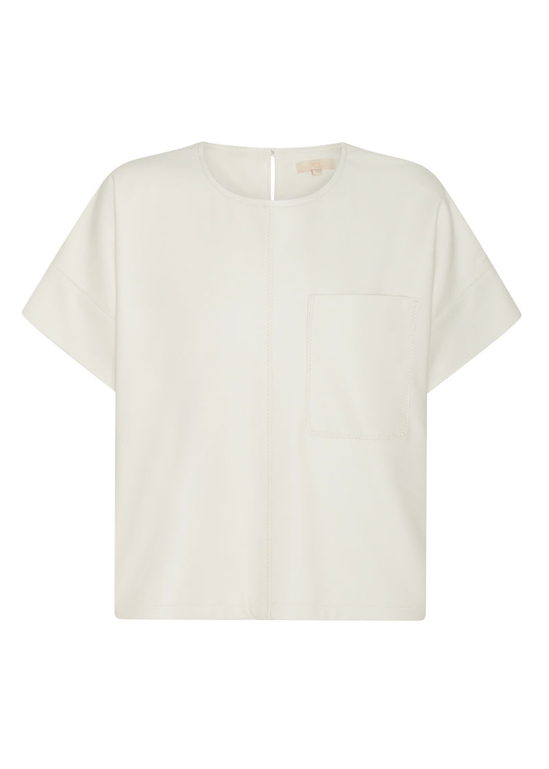 Featuring a soft faux leather in a fresh Ecru shade, the POL Belmond Top has a boxy, t-shirt inspired silhouette.

-Round neckline.
-Covered button fastening at the back neck.
-Dropped armholes.
-Short sleeves finish in a cuff with covered button fastening.